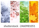 Four seasons of year. Set of vertical nature banners with winter, spring, summer and autumn scenes. Nature collage with seasonal scenics. Copy space for text