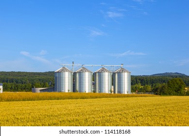 four silver silos in corn field