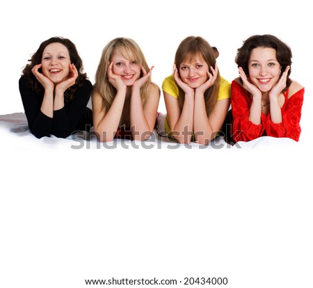 Four sisters have fun - isolated on white. Many lot of your text