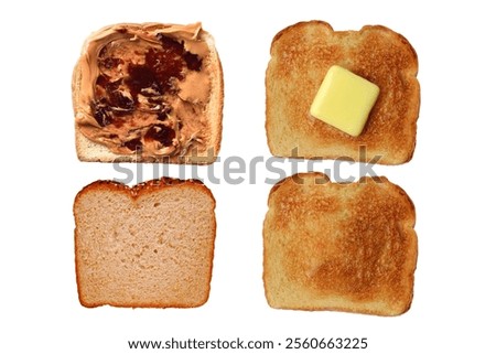 Four slices of bread, one with Peanut butter and Jelly one with a pat of butter, one toasted and one plain.