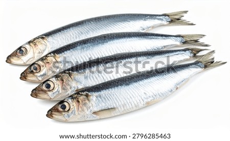 Four small silver fish with dark stripes and shiny scales are arranged on a plain white background, likely sardines or anchovies, showcasing their...
