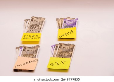 Four stacks of Indian rupee notes labeled Fixed Deposit, Insurance, SIP, and Savings, symbolizing balanced personal finance and smart investment planning in daily Indian life.