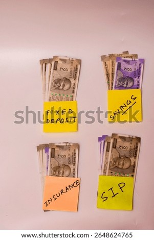 Four stacks of Indian rupee notes labeled Fixed Deposit, Insurance, SIP, and Savings, symbolizing balanced personal finance and smart investment planning in daily Indian life.
