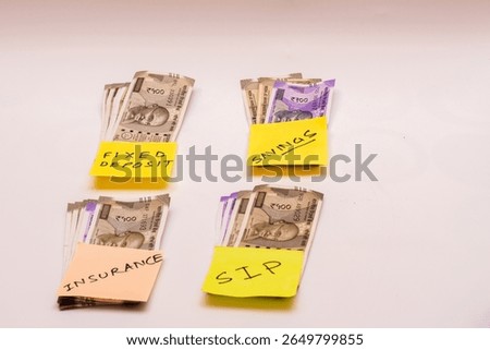 Four stacks of Indian rupee notes labeled Fixed Deposit, Insurance, SIP, and Savings, symbolizing balanced personal finance and smart investment planning in daily Indian life.