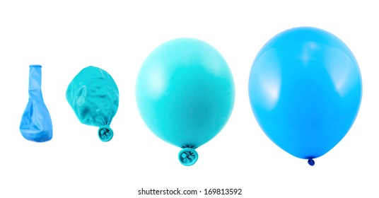 Four Stages Of Blue Balloon Inflation Process Isolated Over White Background