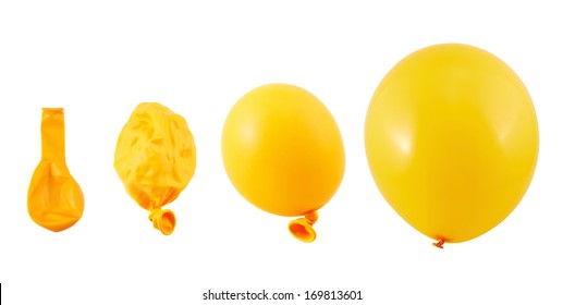 Four Stages Of Orange Balloon Inflation Process Isolated Over White Background