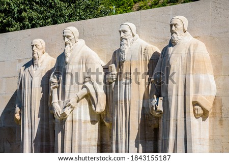 The four statues at the center of the Reformation Wall in the Parc des Bastions in Geneva, Switzerland, representing John Calvin and the Calvinism's main proponents, on a sunny summer day. Zdjęcia stock © 