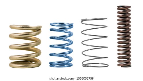 Four steel compression coil springs with varied surface finish isolated on white background. Springy metallic machine parts. Set of different flexible elastic shock absorbers with spiral wire winding.