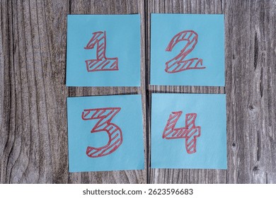 Four sticky notes with numbers one, two, three and four are laying on a wooden desk