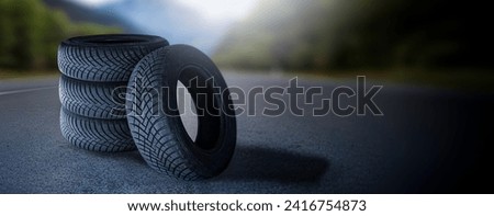 Four summer tire on road. Change tyre. 4 wheel off on nature in blurred background. Advertise banner with copy space.