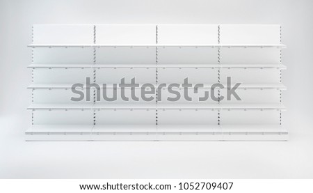 Four Supermarket Showcase Displays with Shelves staying in front view in the row on white background
