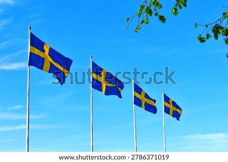 Four Swedish flags flutter against the sky.National Day of Sweden.