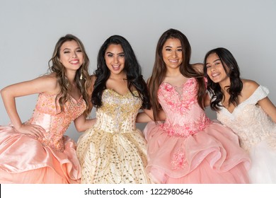 Four teenage girls at their quinceanera party