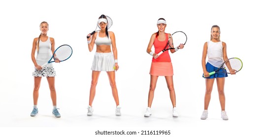 Four tennis players with racket in white costume. Women athlete playing isolated on white background. - Powered by Shutterstock