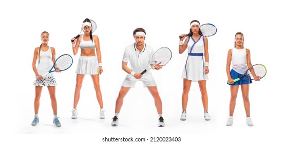 Four tennis players with racket in white costume. Women athlete playing isolated on white background. - Powered by Shutterstock