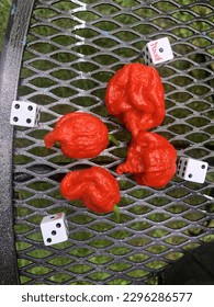  Four Trinidad Scorpion Peppers and dice 