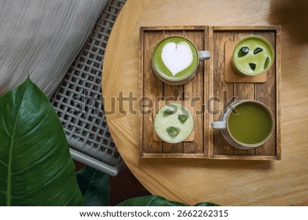 four type of matcha menu serving on wooden plate at cafe