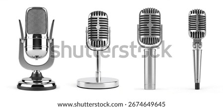 Four variations of a vintage-style microphone are shown against a white background.