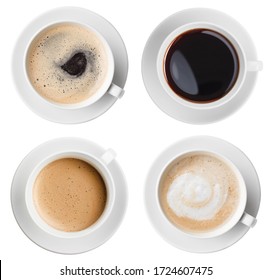 Four various coffee cups top view set isolated on white