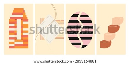 Four vector illustrations featuring geometric shapes and lines in a mid-century modern style. The color palette includes beige, orange, pink,