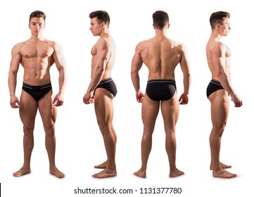 Four views of muscular shirtless male bodybuilder: back, front and profile shot, isolated on white background