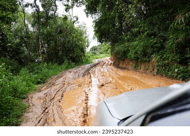 Four wheel car truck on Muddy wet countryside road in tropical rain forest in northern of Thailand. track trail mud road in forest nature rural landscape. brown clay puddle way transport in country - Powered by Shutterstock