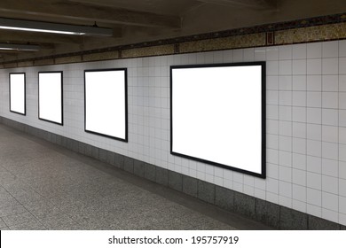 Four White Blank Billboards In The Tunnel.