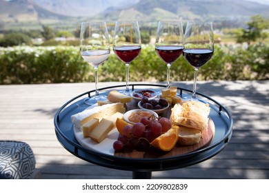 Four Wine Glasses Each With A Different Wine Standing Behind A Cheese Platter With A Wine Farm Backdrop