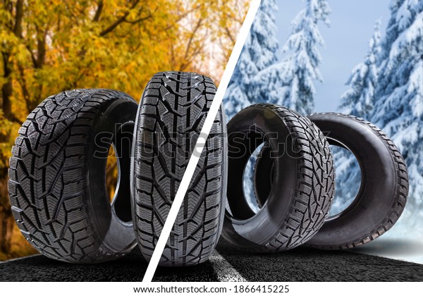 four\
winter tires on the background of winter and\
autumn