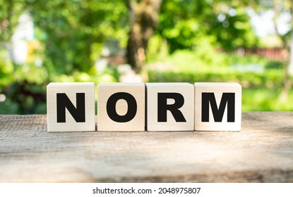 Four wooden blocks lie on a wooden table against the backdrop of a summer garden and create the word NORM. Concept for your design
