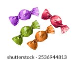 Four wrapped candies in vibrant colors purple, red, green, and orange, are arranged on a white background. The candies are individually wrapped in shiny paper.