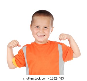 Four year old boy flexing his little muscles - Powered by Shutterstock