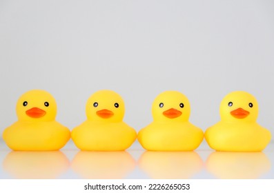 Four yellow rubber ducks in a row, with reflection, organisation concept, get one’s ducks in a row. - Powered by Shutterstock