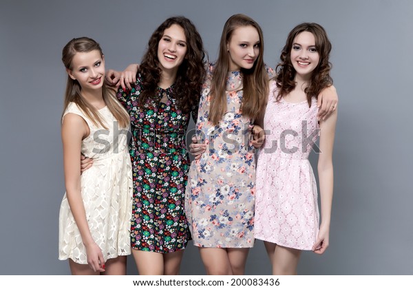 Four Young Girls Posing Studio Emotionally Stock Photo 200083436 ...