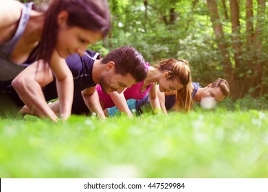 Four young people doing push-ups in a park during a fitness workout viewed very low angle across the grass - Powered by Shutterstock