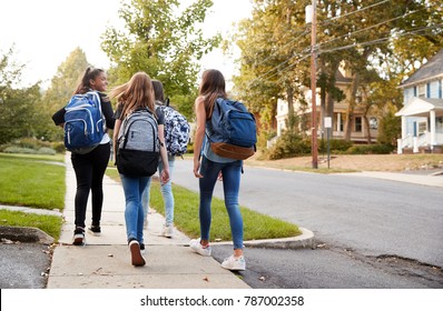 Four young teen girls walking to school together, back view