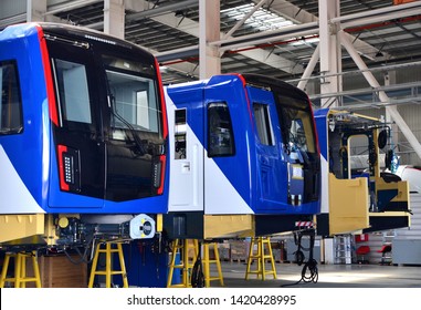 A Four-car Stadler Train Produced By The Stadler Minsk Rolling Stock Plant For The Minsk Metro. Inside Of The Rail Car Assembly Plant For The Production Of European High Speed Trains.