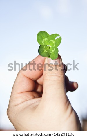 Similar – young hand in turquoise jacket holds four-leaf green clover