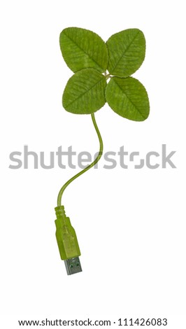 Four-leaf clover with a USB plug at the end of the stalk. Symbol of (green) growth/succes comming from using IT