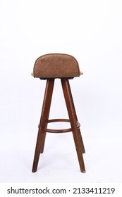 Four-legged Wooden Chair Back, Brown Velvet Cushion, White Background.