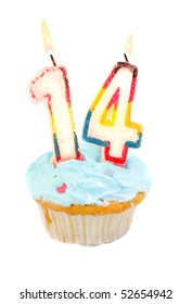 Fourteenth birthday cupcake with blue frosting on a white background