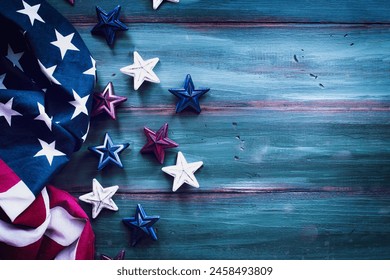 Fourth of July Background. American flag and red, white and blue stars over a rustic colorful wood table for Independence Day celebration with copy space.  - Powered by Shutterstock