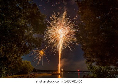 Fourth of July fireworks display over Skidoo Bay on Flathead Lake, Montana