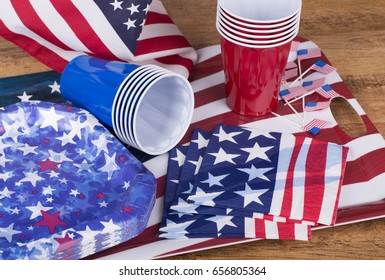 Fourth Of July Party Plates, Cups And Napkins On A Holiday Tray