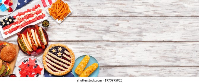 Fourth Of July, Patriotic, American Themed Food. Above View Corner Border On A White Wood Banner Background. Copy Space.