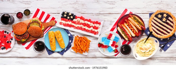 Fourth Of July, Patriotic, American Themed Food. Top View Table Scene On A White Wood Banner Background.