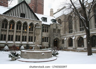 Fourth Presbyterian Church Exterior With Falling White Snow In Winter In Chicago, IL, USA. Antique Architecture Located In Chicago Loop Downtown.