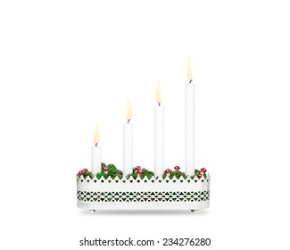 Fourth Sunday of Advent candlestick isolated on white background.  An Advent candlestick which traditionally light a candle every Sunday for four weeks up to Christmas.