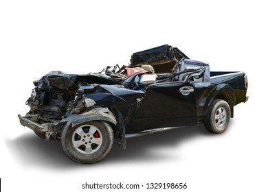 Four-wheeler Small Truck Black Color Accident Front And Cover Heavy Damage Isolated On White Background. This Has Clipping Path.
