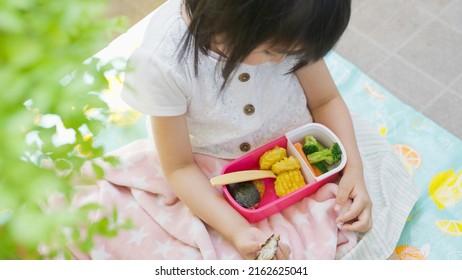 Four-year-old Child Eating Lunch Outside.